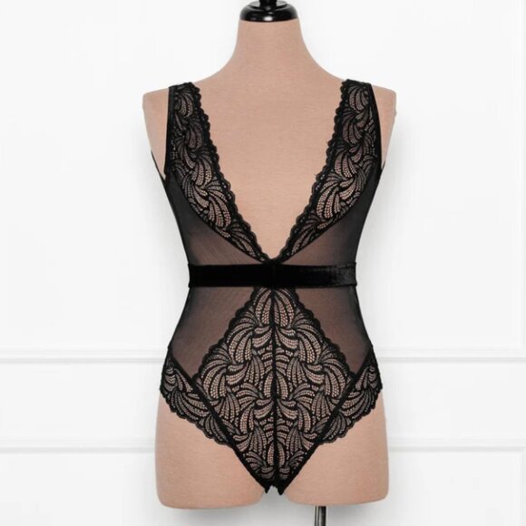 Mentionables Lacy Plunge Teddy - Black XS - Picture 2 of 2